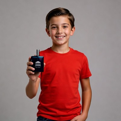 Boy holding blue perfume bottle