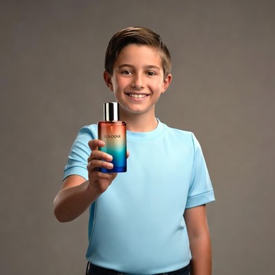 Boy holding cologne bottle