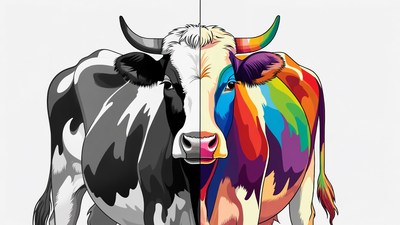 Black and White vs Colorful Cow