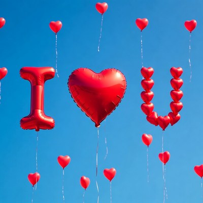 Red 'I Love You' Balloons Against Blue Sky