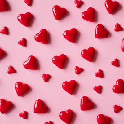 Red hearts scattered on pink background