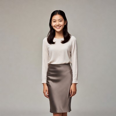 Asian girl in beige top satin skirt