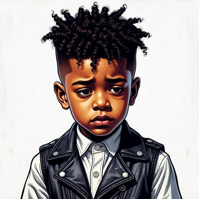Sad African-American boy in leather vest