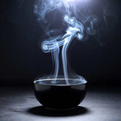Steaming black bowl on dark background