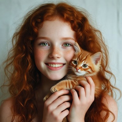 Girl holding ginger kitten