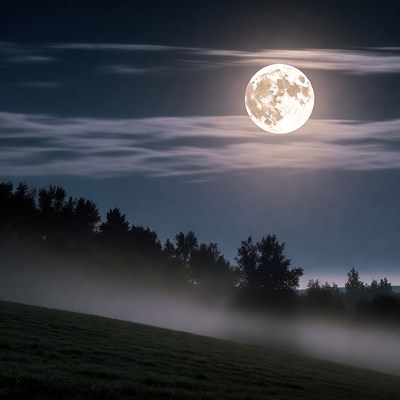 Full Moon Over Misty Forest Landscape