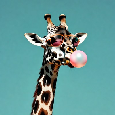 Giraffe blowing bubblegum with sunglasses