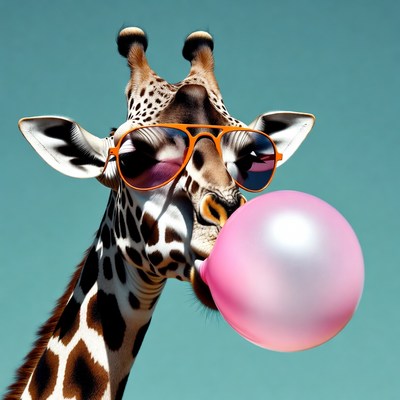 Giraffe blowing pink bubblegum sunglasses