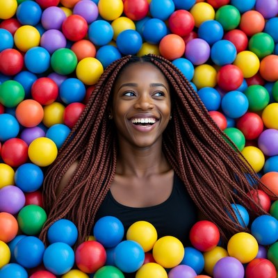 African-American woman smiling in colorful ball pit
