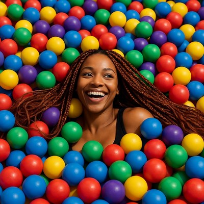 African-American woman smiling in colorful ball pit