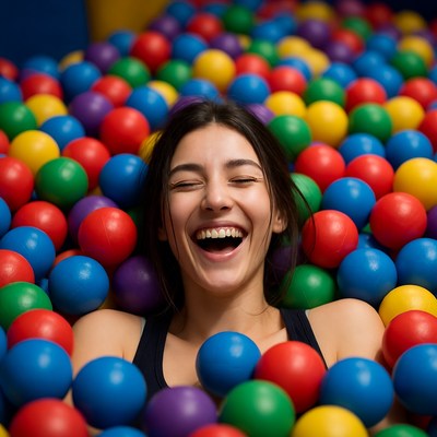 Woman laughing in colorful ball pit