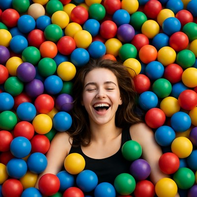 Girl laughing in colorful ball pit