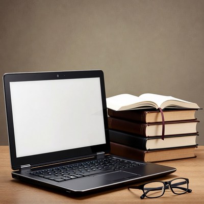 Laptop with books and glasses