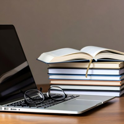 Laptop with books and glasses
