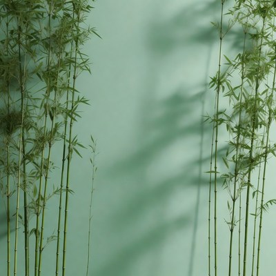Bamboo stalks with shadows on green wall