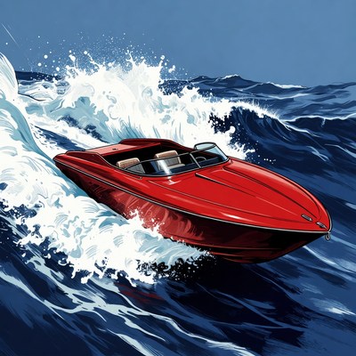 Red speedboat racing ocean waves