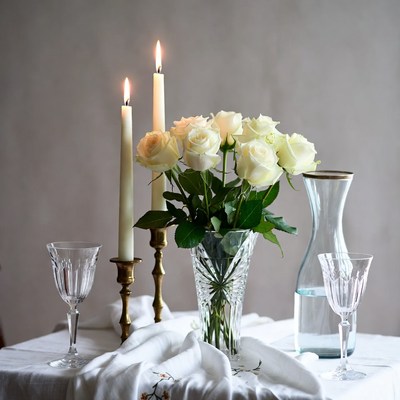 White Roses with Candles and Wine Glasses