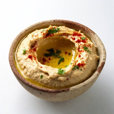 Hummus in Bowl with Oil and Toppings