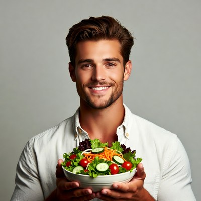 Handsome man holding fresh salad