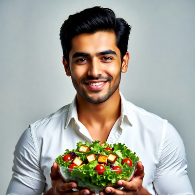 Man holding fresh salad bowl