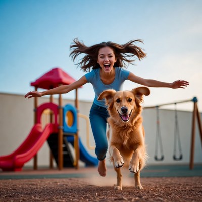 Woman running joyfully with golden retriever