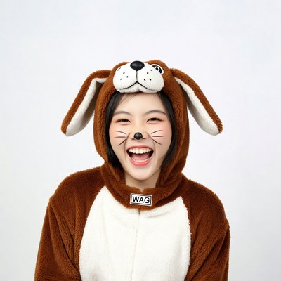 Asian girl in dog costume smiling