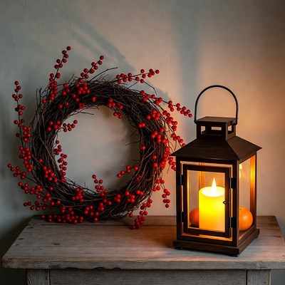 Red Winterberry Wreath and Lit Lantern