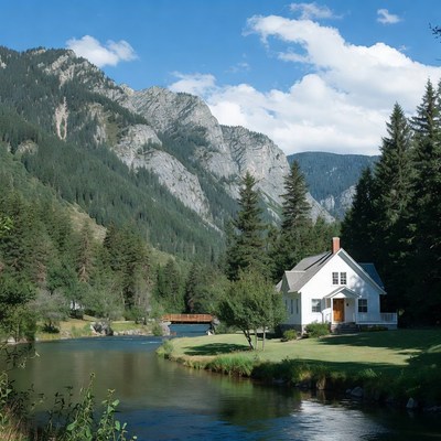 White house by river and mountains