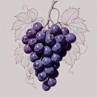 Purple Grapes with Leaves Illustration