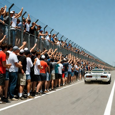 White Supercar Passing Cheering Crowd