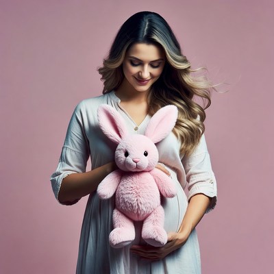 Pregnant woman holding pink bunny