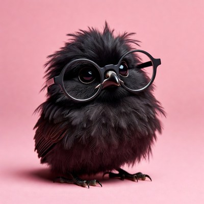 Fluffy black chick wearing glasses