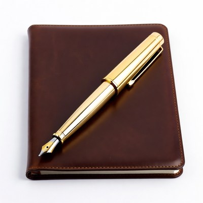 Gold fountain pen on leather notebook
