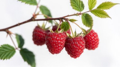 Ripe Raspberries on Branch