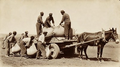 Men loading grain sacks onto horse cart