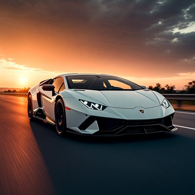 White Lamborghini Huracan on Sunset Highway