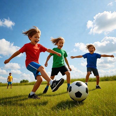 Children kicking soccer ball outdoors