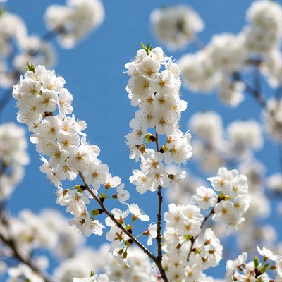 White Cherry Blossoms Against Blue Sky