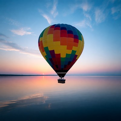 Colorful Hot Air Balloon over Lake at Sunset