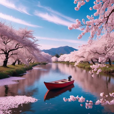 Red Boat in Cherry Blossom River