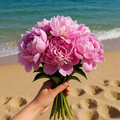 Hand holding pink peonies on beach