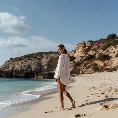 Woman walking on beach in white shirt