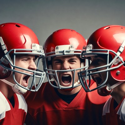 Three football players yelling in helmets