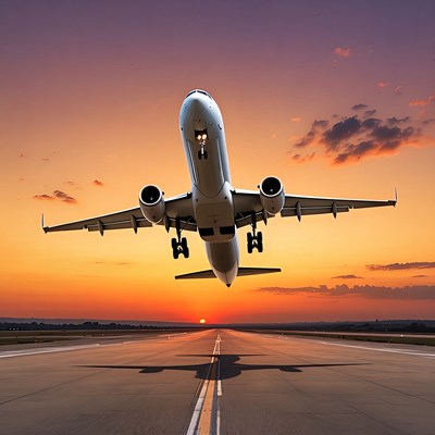 Airplane Taking Off at Sunset