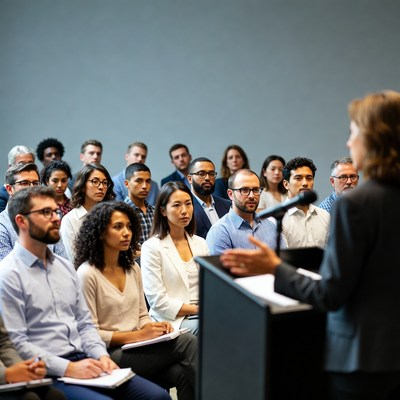 Woman speaking at podium to diverse audience
