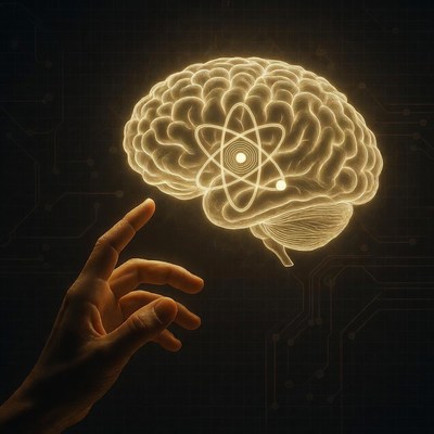 Glowing Brain with Atom and Hand