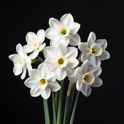 White Daffodil Bouquet on Black Background