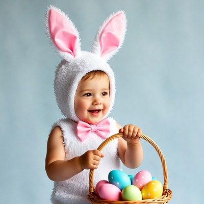 Baby in bunny costume holding Easter eggs