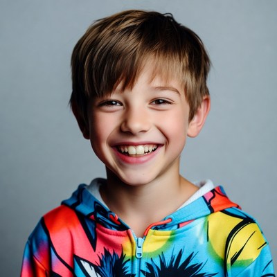 Boy smiling in colorful hoodie