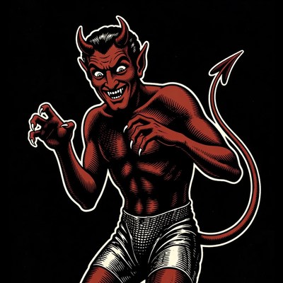 Muscular devil in boxing shorts